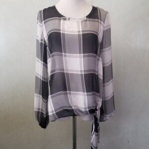 Belle & Sky checkered sheer long sleeve top women size XS (07)